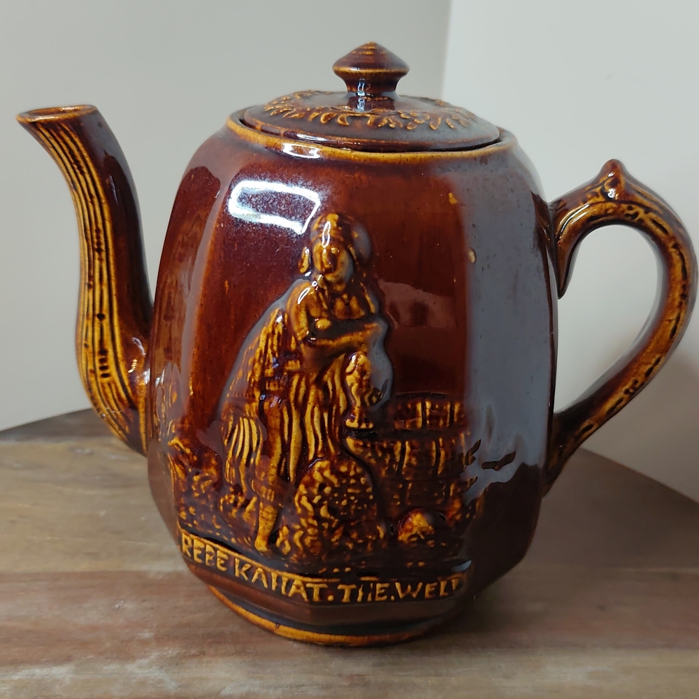 Brown Ceramic Teapot with Relief Scene - Classic Home Art